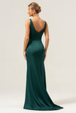 Dark Green Sheath V Neck Ruched High-Low Bridesmaid Dress with Slit