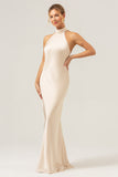 Champagne Sheath Halter Long Bridesmaid Dress With Slit