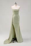 Sage Strapless Mermaid Satin Long Bridesmaid Dress with Slit