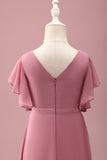 Desert Rose Chiffon Batwing Sleeves A Line Ruffled Junior Bridesmaid Dress