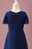 Navy Round Neck A Line Junior Bridesmaid Dress With Short Sleeves