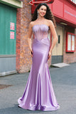 Purple Beaded Mermaid Corset Strapless Long Prom Dress