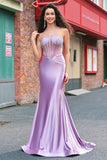 Purple Beaded Mermaid Corset Strapless Long Prom Dress