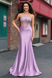 Sparkly Lilac Mermaid Strapless Sheer Corset Long Prom Dress with Beading