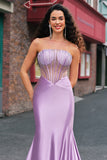 Purple Beaded Mermaid Corset Strapless Long Prom Dress