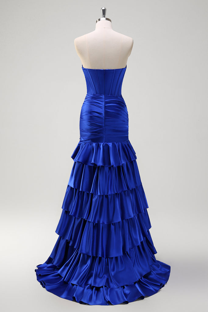 Strapless Transparent Top Pleated Short Dress Royal Blue