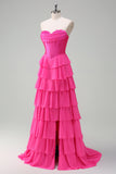 Fuchsia A Line Strapless Corset Tiered Prom Dress with Ruffles