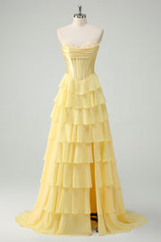 Yellow A Line Strapless Basque Waist Long Prom Dress with Tiered Ruffled Slit Skirt