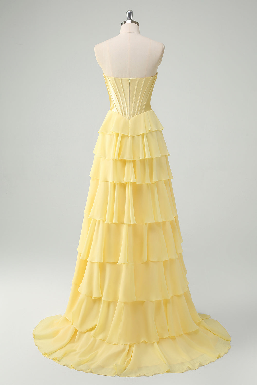 Zapaka Women Yellow Prom Dress with Slit A Line Strapless Corset Tiered Long Evening Dress, Yellow / US6 Zapaka Women Yellow Prom Dress with Slit A Line Strapless Corset Tiered Long Evening Dress, Yellow / US6