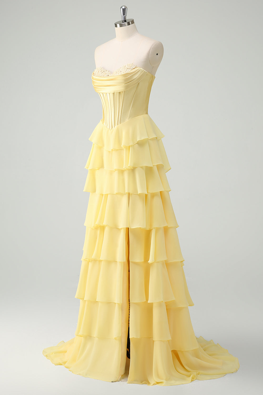 light yellow dress long Zapaka Women Yellow Prom Dress with Slit A Line Strapless Corset Tiered Long Evening Dress, Yellow / US6