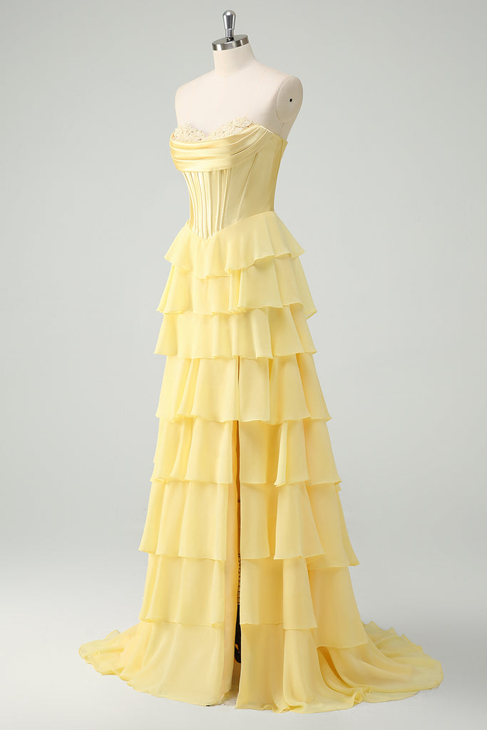 Yellow Strapless Long Formal Dress with Slit main image 0