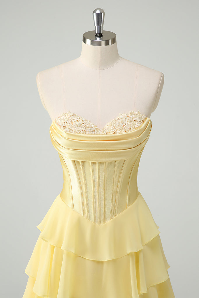 Zapaka Women Yellow Prom Dress with Slit A Line Strapless Corset Tiered