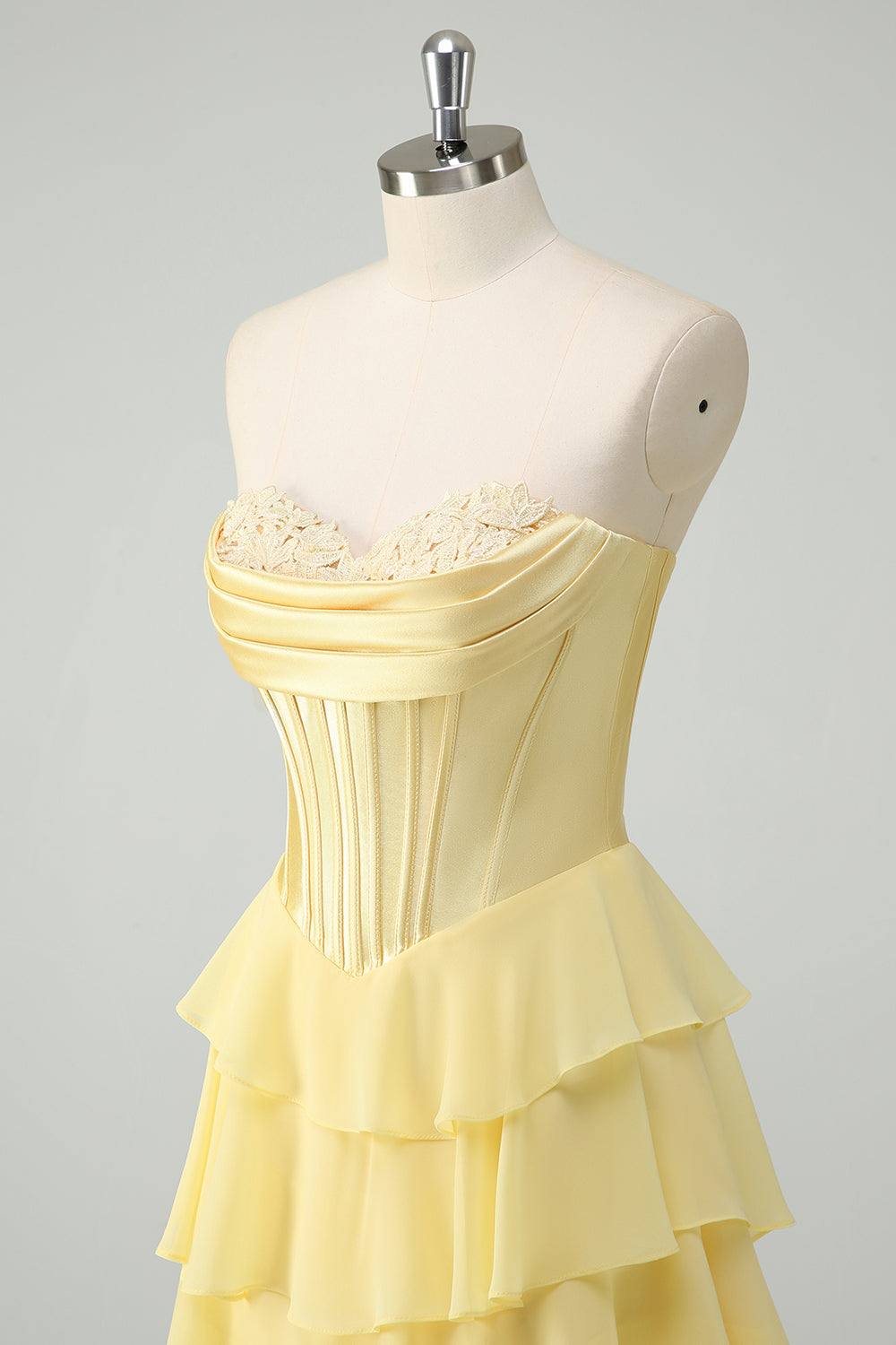 strapless yellow prom dresses Zapaka Women Yellow Prom Dress with Slit A Line Strapless Corset Tiered Long Evening Dress, Yellow / US6