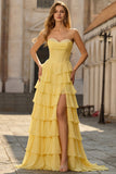 Yellow A Line Strapless Basque Waist Long Prom Dress with Tiered Ruffled Slit Skirt
