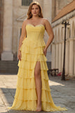 Yellow A Line Strapless Basque Waist Long Prom Dress with Tiered Ruffled Slit Skirt