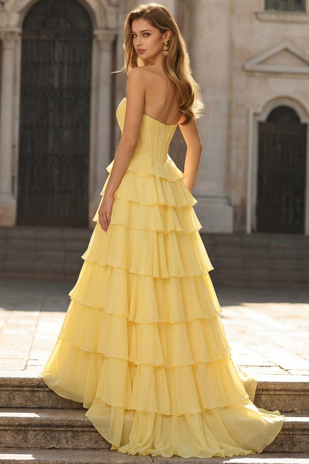 Zapaka Women Yellow Prom Dress with Slit A Line Strapless Corset Tiered Long Evening Dress, Yellow / US6 Zapaka Women Yellow Prom Dress with Slit A Line Strapless Corset Tiered Long Evening Dress, Yellow / US6
