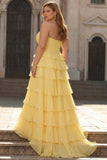 Yellow A Line Strapless Basque Waist Long Prom Dress with Tiered Ruffled Slit Skirt