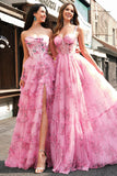 Floral A Line Strapless Corset Tiered Blush Prom Dress with Slit