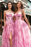 Floral A Line Strapless Corset Tiered Blush Prom Dress with Slit