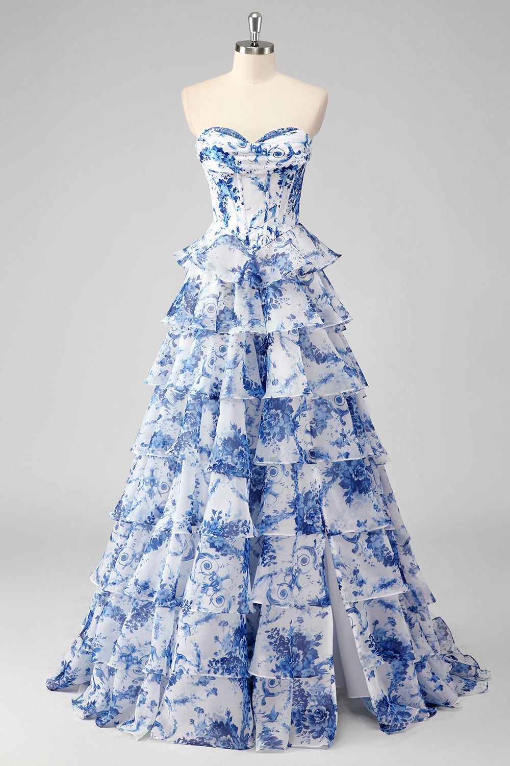 ZAPAKA Women Blue Long Prom Dress with Slit A-Line Sweetheart Tiered