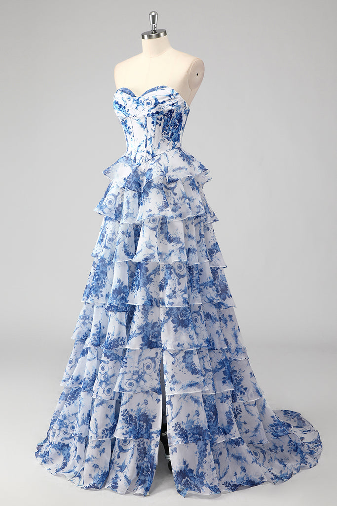 Unique A-Line Polka Dot Ruffle Tiered Long Prom Dresses with Bow VK24050805