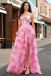 Floral A Line Strapless Corset Tiered Blush Prom Dress with Slit