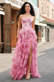 Blush Floral A Line Strapless Corset Tiered Prom Dress