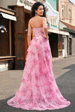 Floral A Line Strapless Corset Tiered Blush Prom Dress with Slit