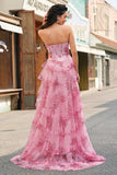 Blush Floral A Line Strapless Corset Tiered Prom Dress