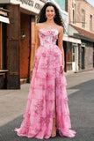 Floral A Line Strapless Corset Tiered Blush Prom Dress with Slit