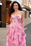 Floral A Line Strapless Corset Tiered Blush Prom Dress with Slit