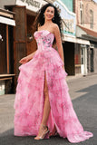 Floral A Line Strapless Corset Tiered Blush Prom Dress with Slit