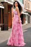 Floral A Line Strapless Corset Tiered Blush Prom Dress with Slit