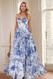 Blue White Flower A-Line Sweetheart Tiered Long Prom Dress with Slit