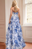 Blue White Flower A-Line Sweetheart Tiered Long Prom Dress with Slit