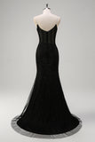 Sparkly Black Mermaid Spaghetti Straps Corset Beaded Long Prom Dress with Slit