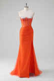 Orange Spaghetti Straps Beaded Corset Mermaid Prom Dress