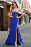 Royal Blue Corset Mermaid Slit Long Prom Dress with Beading