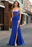 Royal Blue Corset Mermaid Slit Long Prom Dress with Beading