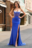 Royal Blue Corset Mermaid Slit Long Prom Dress with Beading