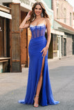 Royal Blue Corset Mermaid Slit Long Prom Dress with Beading