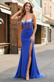 Royal Blue Corset Mermaid Slit Long Prom Dress with Beading