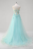 Green A Line Spaghetti Straps Sequin Tulle Prom Dress With 3D Flowers