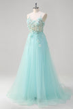 Green A Line Spaghetti Straps Sequin Tulle Prom Dress With 3D Flowers