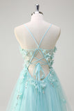 Green A Line Spaghetti Straps Sequin Tulle Prom Dress With 3D Flowers