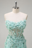 Green Mermaid Strapless Sheer Corset Ruffled Long Prom Dress with 3D Flowers