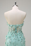 Green Mermaid Strapless Sheer Corset Ruffled Long Prom Dress with 3D Flowers