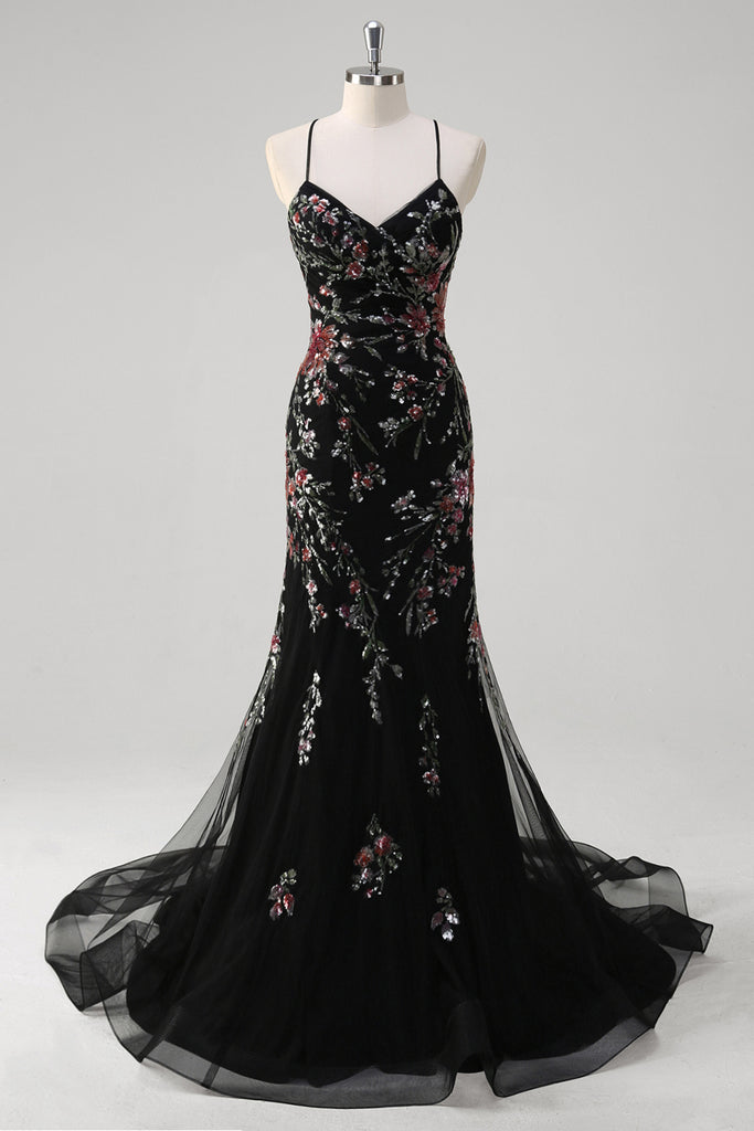 Niulatu Mermaid Spaghetti Straps Black Floral Satin Long Prom Dresses Evening Dress HZ1110 main image 0