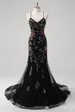 Black Mermaid Spaghetti Straps Appliqued Long Prom Dress With  Sequins