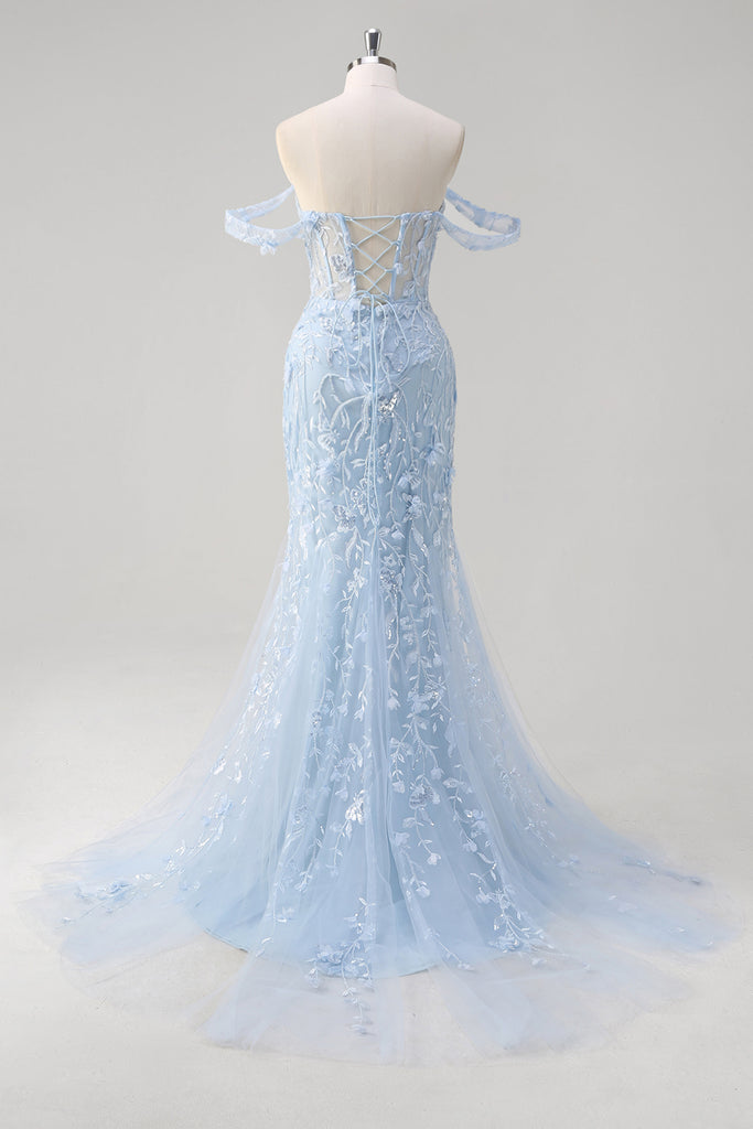 Zapaka Women Mermaid Applique Off the Shoulder Blue Prom Dress Floral